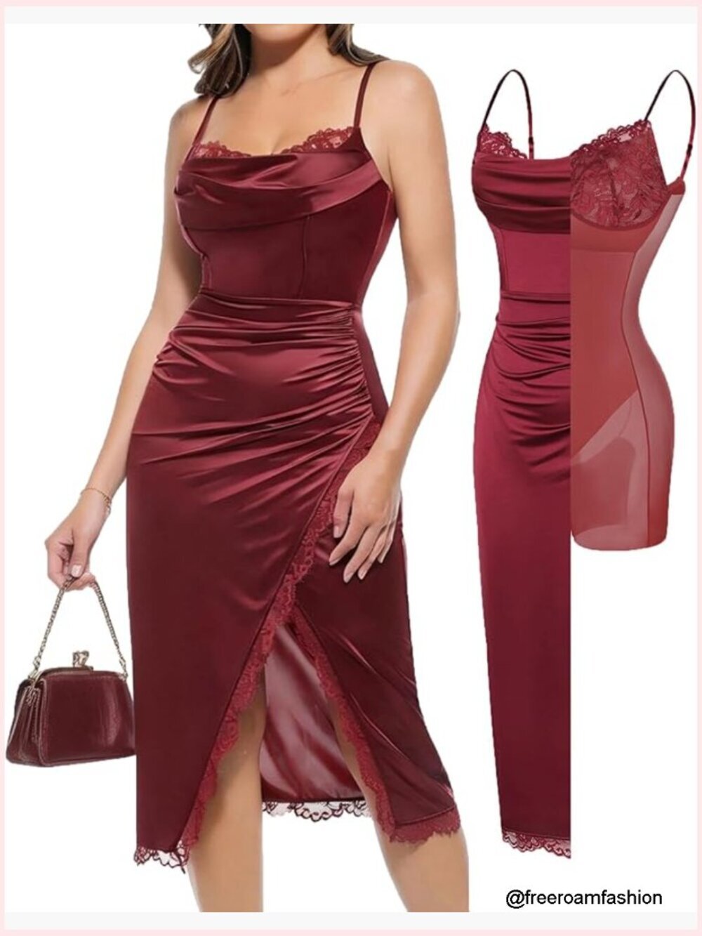 Satin Ruched Midi Corset Dress with Lace Bra Shapewear Bodycon Cocktail Party